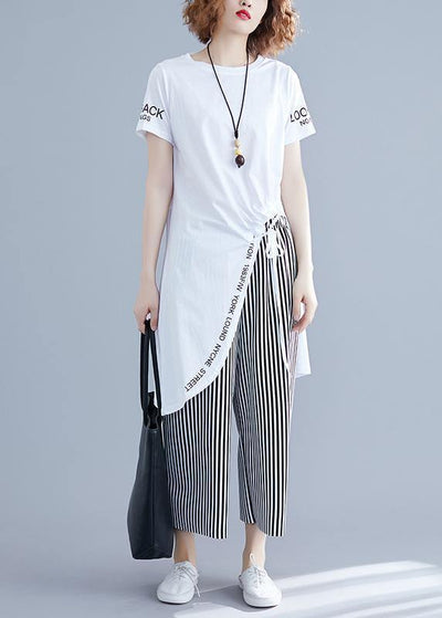 Korean women's short-sleeved T-shirt casual striped wide-leg pants suit - bagstylebliss