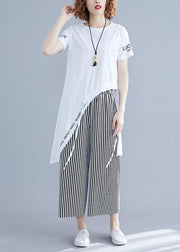 Korean women's short-sleeved T-shirt casual striped wide-leg pants suit - bagstylebliss