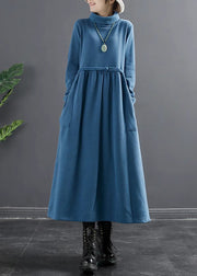 Lake Blue Pockets Thick Cotton Knit Long Dresses Turtleneck Long Sleeve