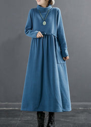 Lake Blue Pockets Thick Cotton Knit Long Dresses Turtleneck Long Sleeve