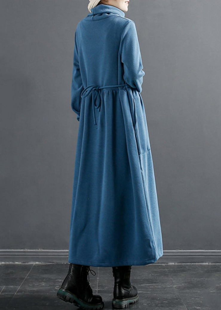 Lake Blue Pockets Thick Cotton Knit Long Dresses Turtleneck Long Sleeve