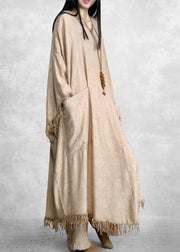 Plus Size Khaki Silk Linen Jacquard Tassel Dress Two Piece Set - bagstylebliss