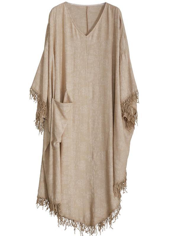 Plus Size Khaki Silk Linen Jacquard Tassel Dress Two Piece Set - bagstylebliss