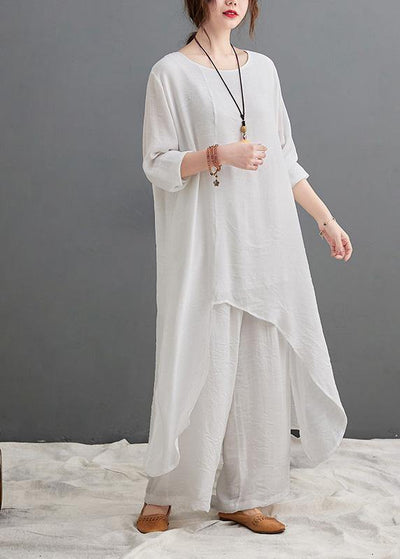 Large Size Loose Art Long White Top Casual Wide Leg Pants Two Piece Suit For Women - bagstylebliss