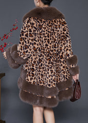 Leopard Print Faux Leather And Fur CoatS Oversized Drawstring Winter