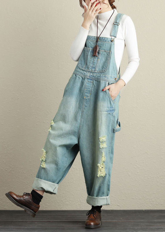 Light Blue Patchwork Ripped Jeans Jumpsuits Spring