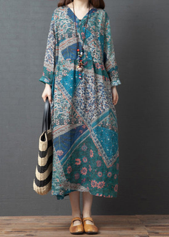 Light Blue Print Loose Linen Long Dress Cinched Long Sleeve