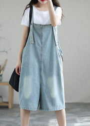 Light Blue Retro Loose Pockets Summer Denim Jumpsuit Shorts - bagstylebliss