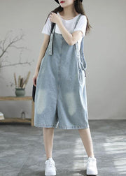 Light Blue Retro Loose Pockets Summer Denim Jumpsuit Shorts - bagstylebliss