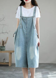 Light Blue Retro Loose Pockets Summer Denim Jumpsuit Shorts - bagstylebliss