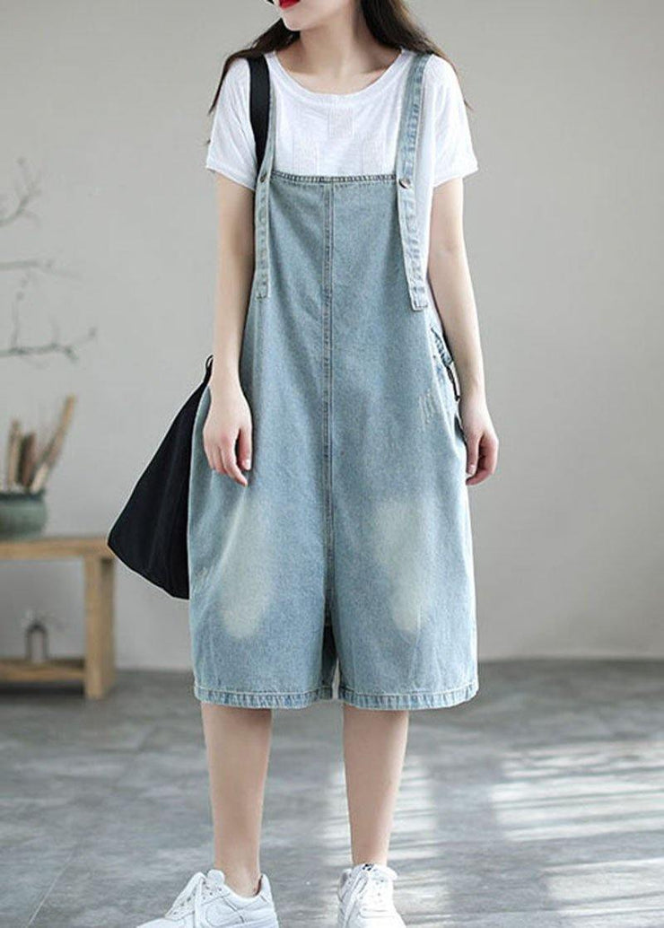 Light Blue Retro Loose Pockets Summer Denim Jumpsuit Shorts - bagstylebliss