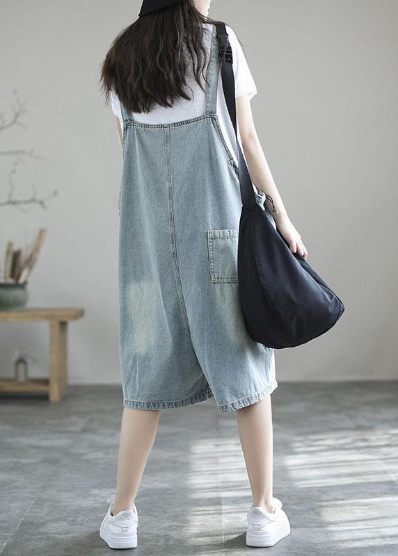 Light Blue Retro Loose Pockets Summer Denim Jumpsuit Shorts - bagstylebliss