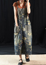 Light Blue Retro Loose Print Summer Pockets Denim Jumpsuit - bagstylebliss