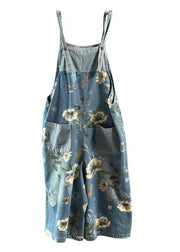 Light Blue Retro Loose Print Summer Pockets Denim Jumpsuit - bagstylebliss