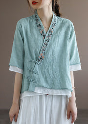 Light Green Fake Two Piece Cotton Shirt Top Embroidered Half Sleeve