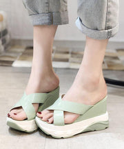 Light Green Faux Leather Wedge Thong Sandals - bagstylebliss