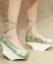 Light Green High Heels Platform Satin Fabric Embroideried Vintage Cross Strap High Heels