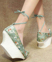 Light Green High Heels Platform Satin Fabric Embroideried Vintage Cross Strap High Heels