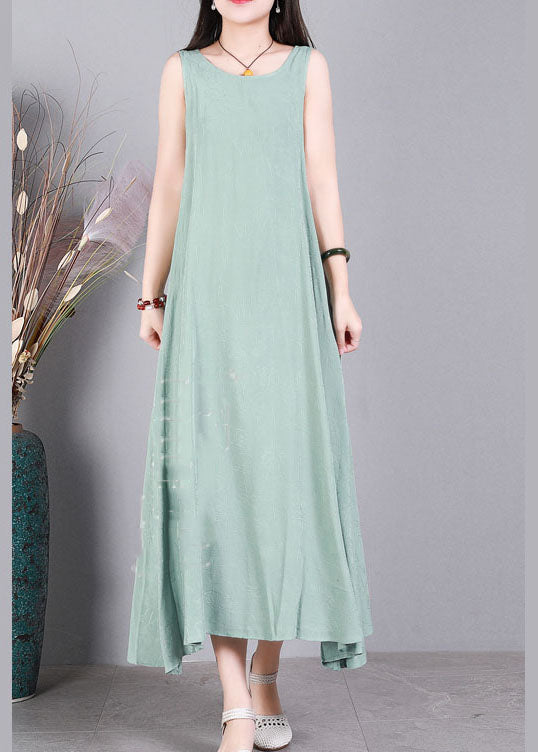 Light Green Jacquard Linen Vacation Strap Dress O-Neck Sleeveless