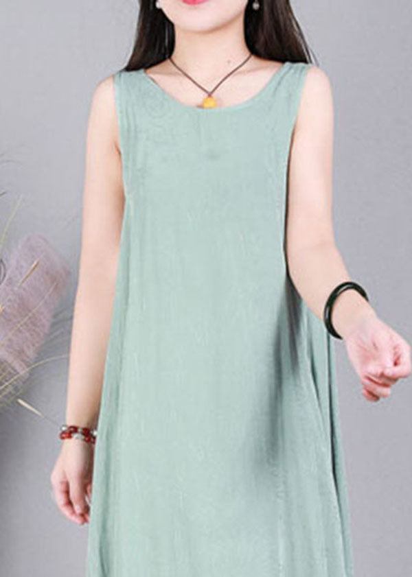 Light Green Jacquard Linen Vacation Strap Dress O-Neck Sleeveless