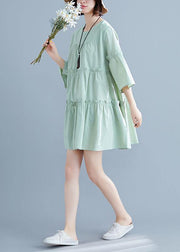 Light Green O-Neck Ruffles Summer Cotton Vacation Dresses - bagstylebliss