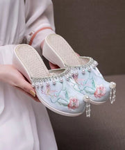 Light Green Wedge Cotton Fabric Embroidery Nail Bead Splicing Slide Sandals