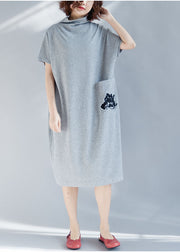 Light Grey Pockets Cotton Vacation Dresses Embroideried Short Sleeve