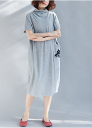 Light Grey Pockets Cotton Vacation Dresses Embroideried Short Sleeve