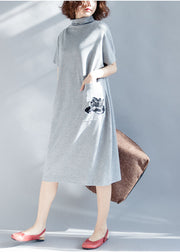 Light Grey Pockets Cotton Vacation Dresses Embroideried Short Sleeve