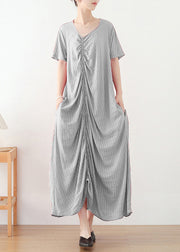 Light Grey Striped Cotton Long Dresses Cinched Short Sleeve