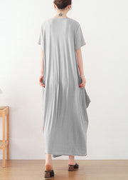 Light Grey Striped Cotton Long Dresses Cinched Short Sleeve