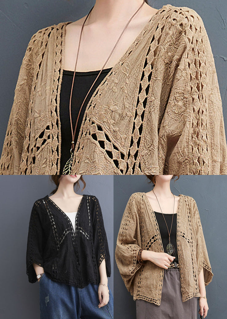 Light Khaki Loose Cardigan Hollow Out Batwing Sleeve