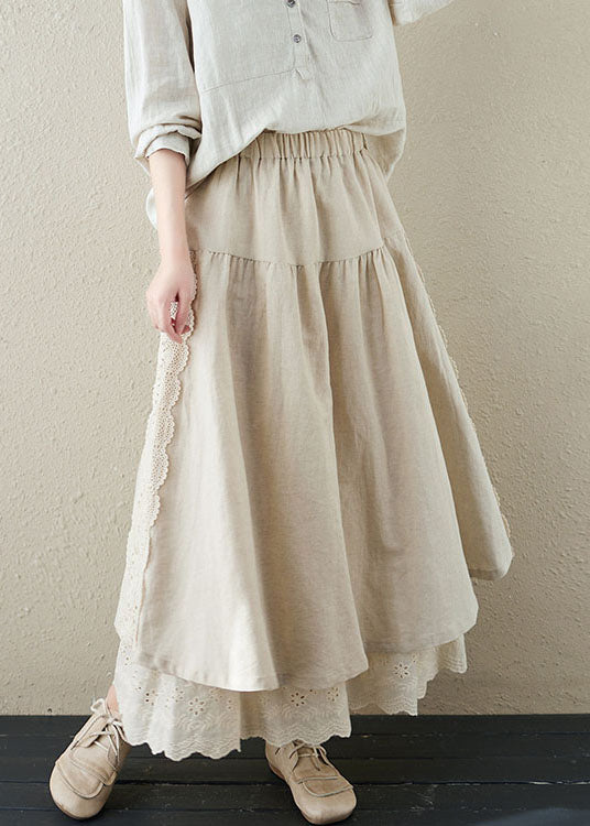 Linen Color Patchwork Linen Fake Two Piece Skirts Wrinkled Embroidered Summer