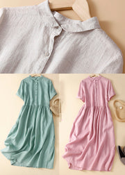 Linen Colour Linen Dresses Wrinkled Button Solid Short Sleeve