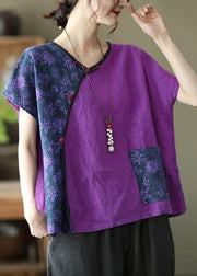 Linen Women Purple Stitching Floral Vintage Short Sleeve T-shirt - bagstylebliss