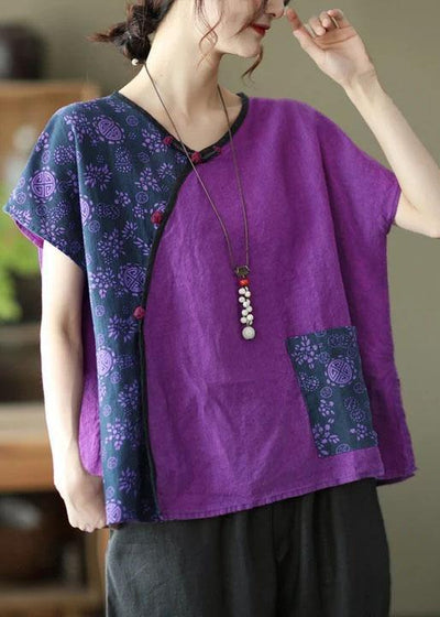 Linen Women Purple Stitching Floral Vintage Short Sleeve T-shirt - bagstylebliss