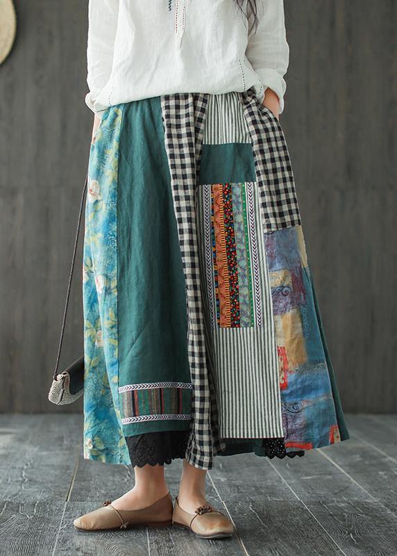 Linen contrast color stitching skirt female spring new retro literary loose elastic waist skirt - bagstylebliss