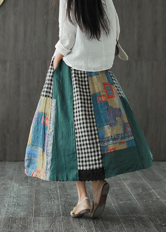 Linen contrast color stitching skirt female spring new retro literary loose elastic waist skirt - bagstylebliss