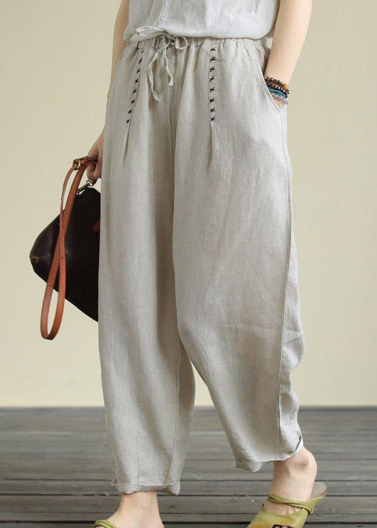 Literary Beige Large Size Elastic Waist Hemp Cropped Pants - bagstylebliss