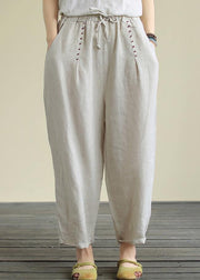 Literary Beige Large Size Elastic Waist Hemp Cropped Pants - bagstylebliss