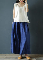 Literary linen navy blue cropped trousers and pants national style - bagstylebliss