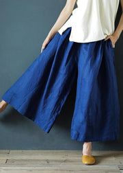 Literary linen navy blue cropped trousers and pants national style - bagstylebliss