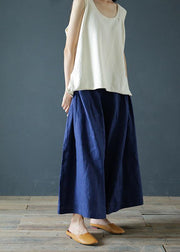 Literary linen navy blue cropped trousers and pants national style - bagstylebliss