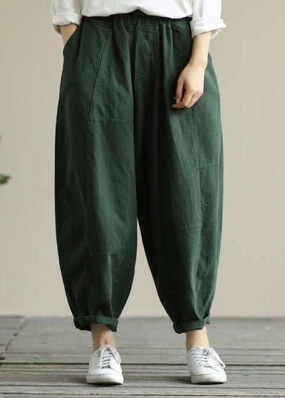 Literary loose green color wild large size elastic waist nine-point harem pants - bagstylebliss