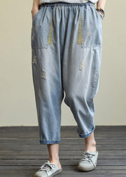 Literary loose loose white casual stitching hole denim cropped harem pants - bagstylebliss