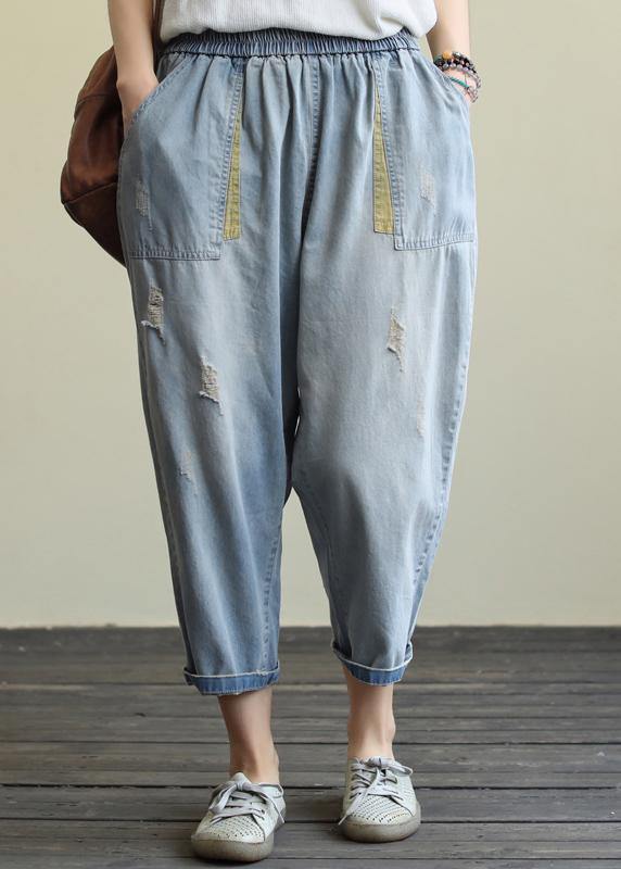 Literary loose loose white casual stitching hole denim cropped harem pants - bagstylebliss