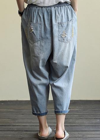 Literary loose loose white casual stitching hole denim cropped harem pants - bagstylebliss