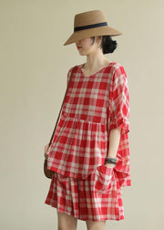 Literary loose round neck stitching top elastic red check pants suit - bagstylebliss