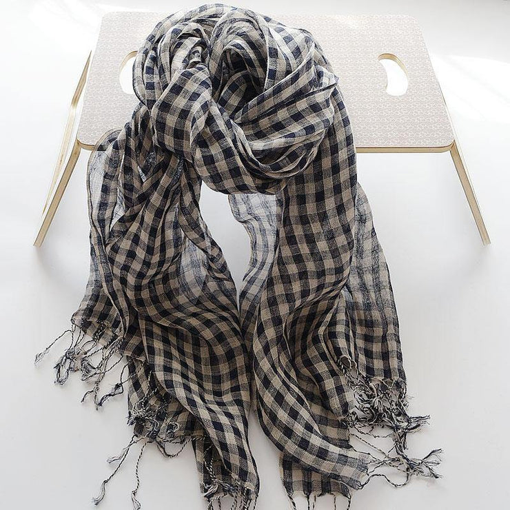 Literary navy small plaid French sunscreen female shawl tassel - bagstylebliss