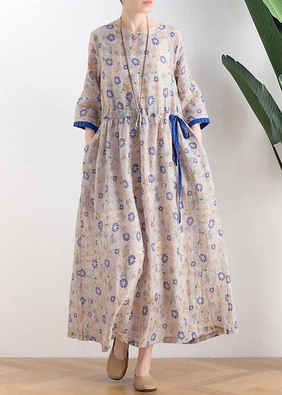 Literary small daisy mid-length dress waist ming 2021 new ramie printed skirt - bagstylebliss